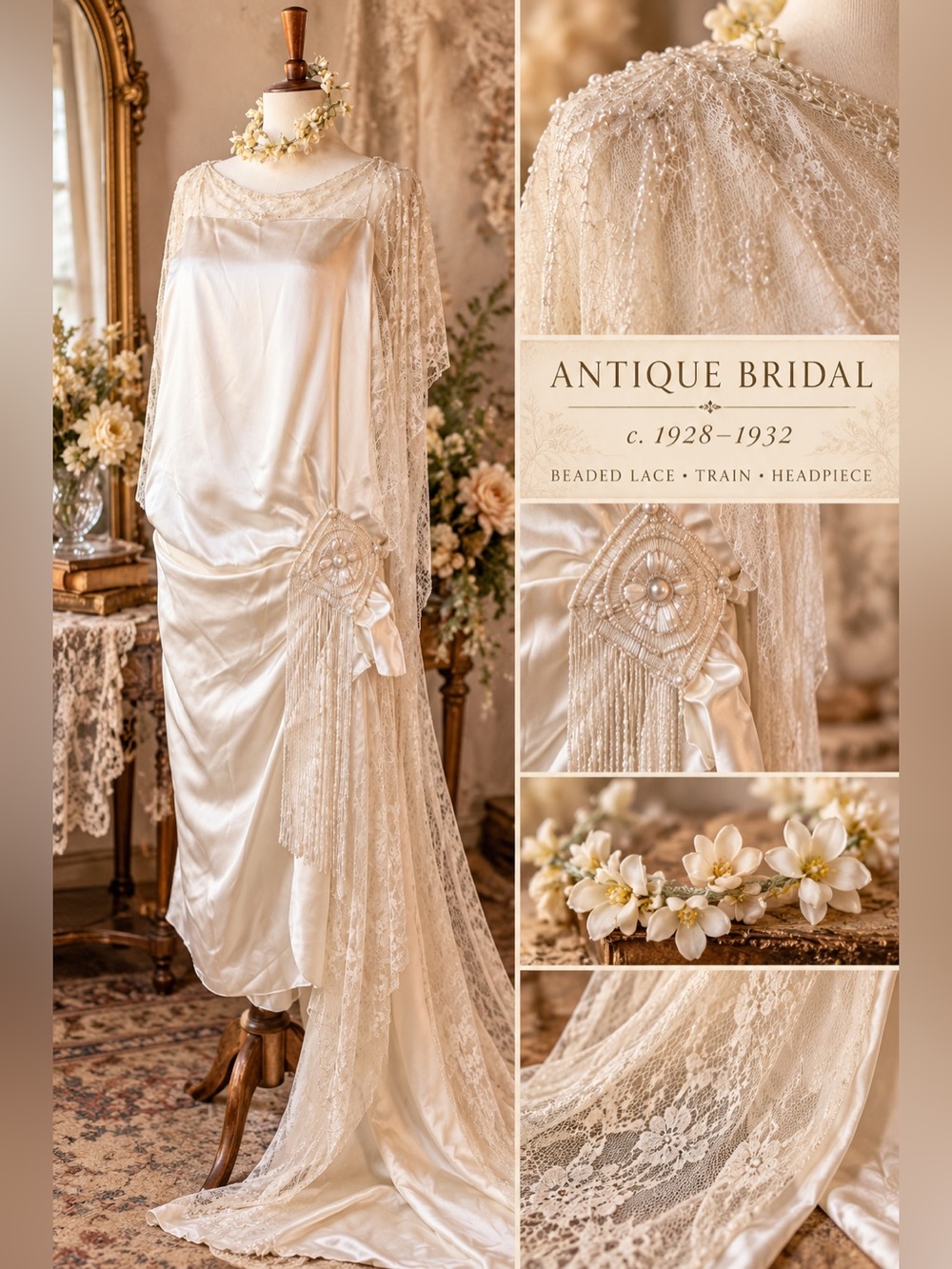 Antique 1920s–30s Beaded Lace Bridal Gown • Train • Headpiece